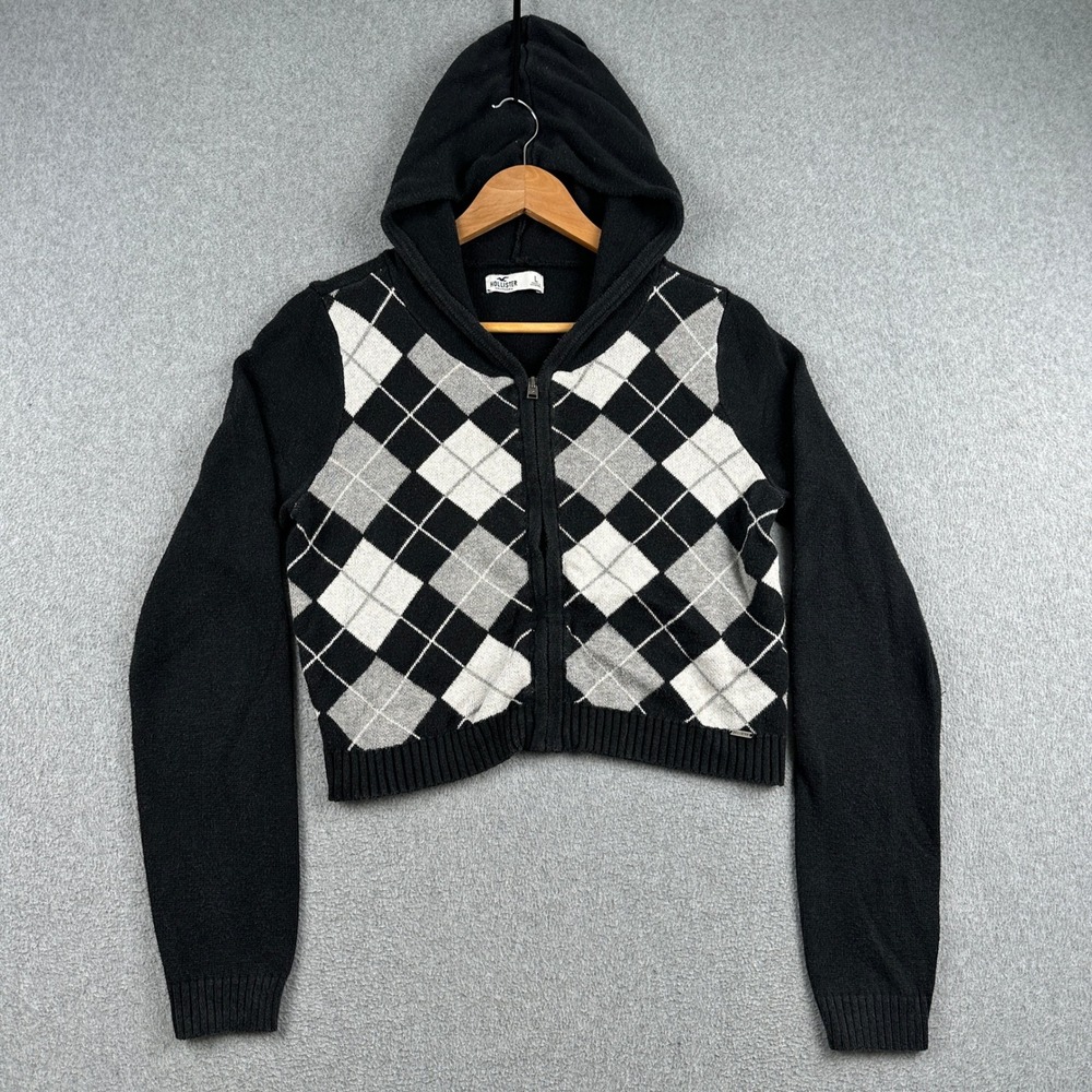 Hollister Sweater Hoodie Womens L Argyle Black Full Zip Cropped Knit Top